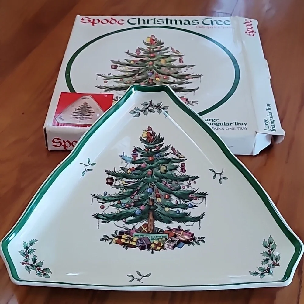 Vintage Fine Porcelain Spode Christmas Tree Large Triangle Tray Plate & Box